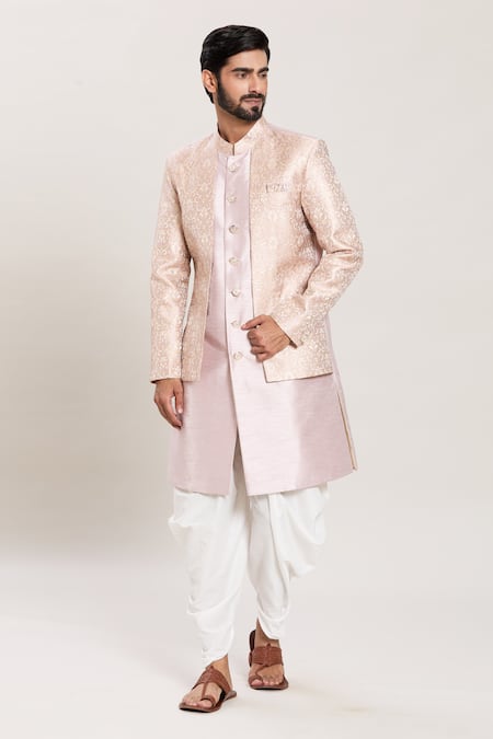 Aryavir Malhotra Pink Silk Woven Vintage Blossom Attached Jacket Kurta Set