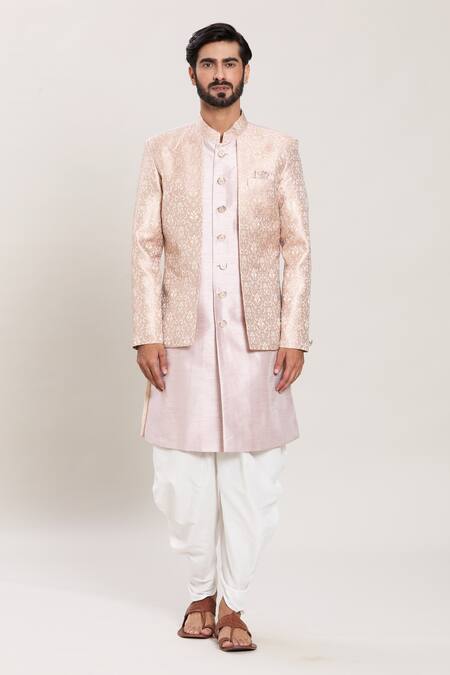Buy_Arihant Rai Sinha_Pink Silk, Jacquard, Acrylic, Vintage Blossom Woven Attached Jacket Kurta Set_Online_at_Aza_Fashions