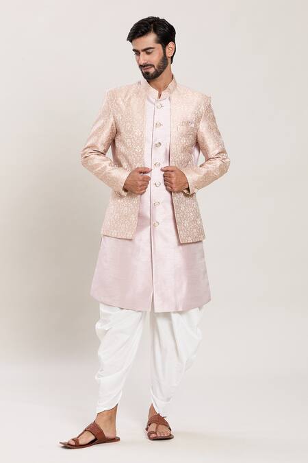 Shop_Arihant Rai Sinha_Pink Silk, Jacquard, Acrylic, Vintage Blossom Woven Attached Jacket Kurta Set_Online_at_Aza_Fashions