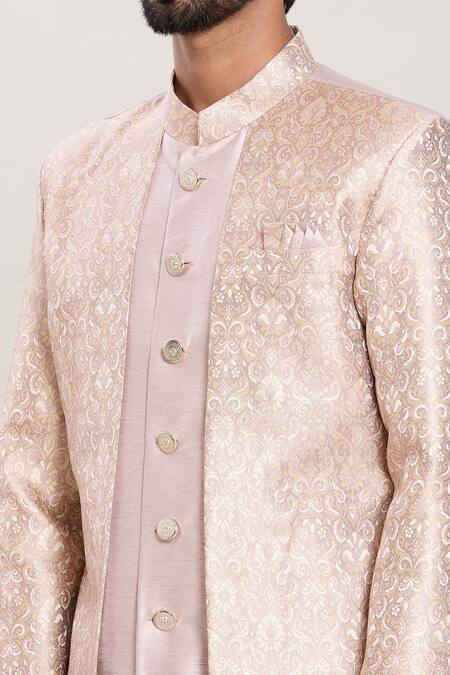 Arihant Rai Sinha_Pink Silk, Jacquard, Acrylic, Vintage Blossom Woven Attached Jacket Kurta Set_at_Aza_Fashions