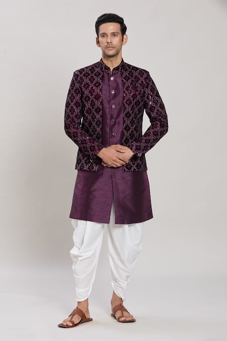 Aryavir Malhotra Acanthus Jaal Woven Attached Velvet Jacket Kurta Set 