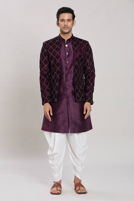 Arihant Rai Sinha_Wine Silk, Velvet, Cotton Zari, Acanthus Jaal Woven Attached Jacket Kurta Set _Online_at_Aza_Fashions