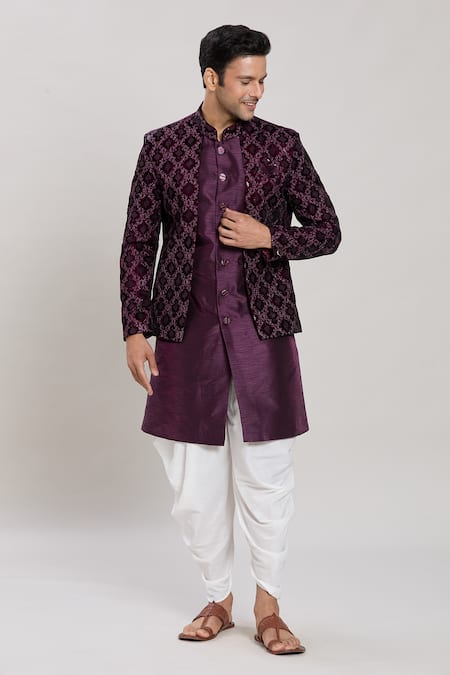 Buy_Arihant Rai Sinha_Wine Silk, Velvet, Cotton Zari, Acanthus Jaal Woven Attached Jacket Kurta Set _Online_at_Aza_Fashions
