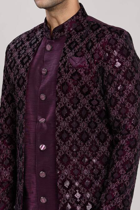 Shop_Arihant Rai Sinha_Wine Silk, Velvet, Cotton Zari, Acanthus Jaal Woven Attached Jacket Kurta Set _Online_at_Aza_Fashions
