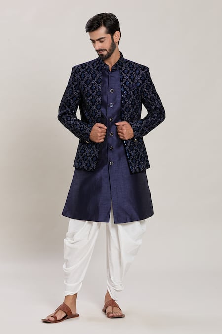 Aryavir Malhotra Garden Jaal Woven Attached Velvet Jacket Kurta Set 