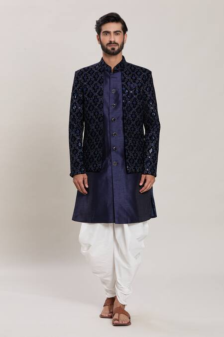 Arihant Rai Sinha_Blue Silk, Velvet, Cotton Zari, Garden Jaal Woven Attached Jacket Kurta Set _Online_at_Aza_Fashions