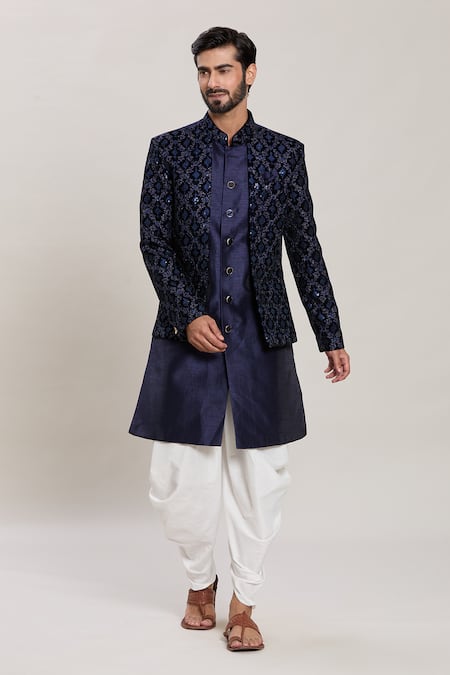 Buy_Arihant Rai Sinha_Blue Silk, Velvet, Cotton Zari, Garden Jaal Woven Attached Jacket Kurta Set _Online_at_Aza_Fashions
