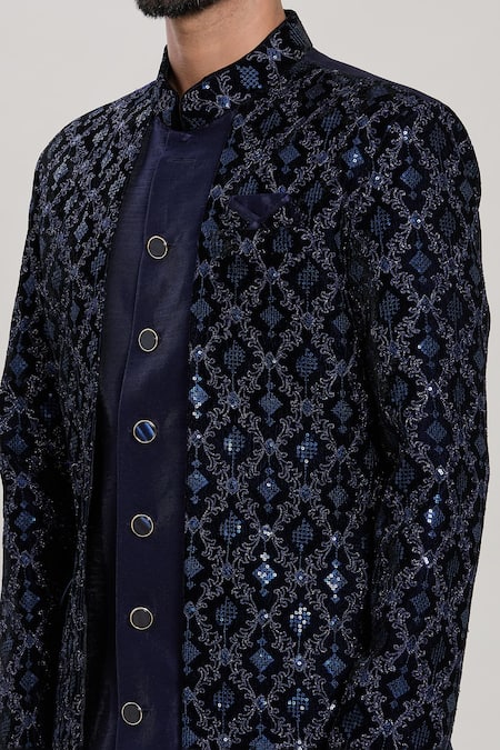 Shop_Arihant Rai Sinha_Blue Silk, Velvet, Cotton Zari, Garden Jaal Woven Attached Jacket Kurta Set _Online_at_Aza_Fashions