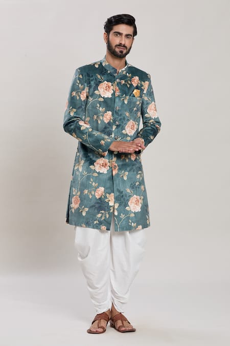 Aryavir Malhotra Botanic Bloom Print Velvet Kurta With Peshawari Pant 