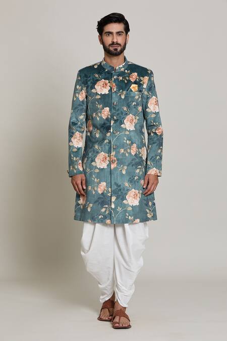 Arihant Rai Sinha Green Velvet, Silk, Cotton Botanic Bloom Print Kurta With Peshawari Pant Online at Aza Fashions Arihant Rai Sinha_Green Velvet, Silk, Cotton Botanic Bloom Print Kurta With Peshawari Pant _Online_at_Aza_Fashions