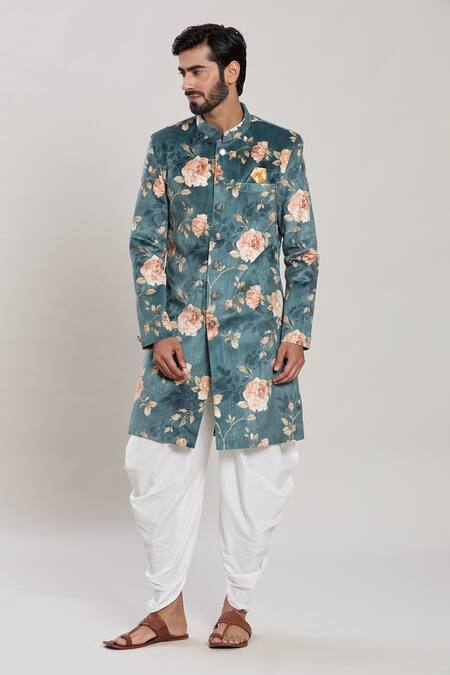 Buy Arihant Rai Sinha Green Velvet, Silk, Cotton Botanic Bloom Print Kurta With Peshawari Pant Online at Aza Fashions Buy_Arihant Rai Sinha_Green Velvet, Silk, Cotton Botanic Bloom Print Kurta With Peshawari Pant _Online_at_Aza_Fashions