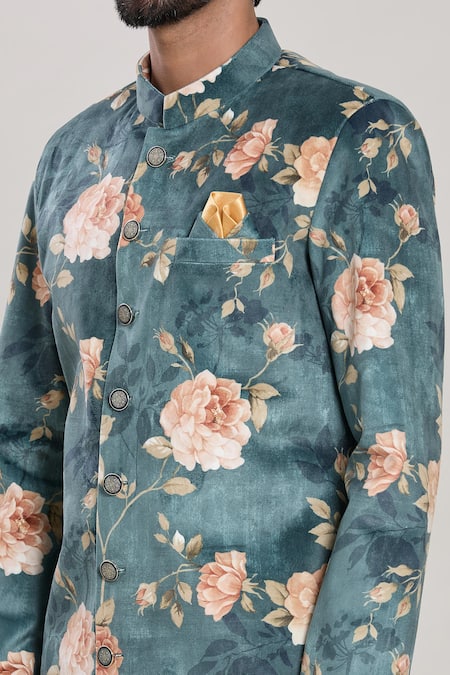 Shop Arihant Rai Sinha Green Velvet, Silk, Cotton Botanic Bloom Print Kurta With Peshawari Pant Online at Aza Fashions Shop_Arihant Rai Sinha_Green Velvet, Silk, Cotton Botanic Bloom Print Kurta With Peshawari Pant _Online_at_Aza_Fashions