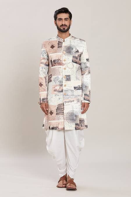 Arihant Rai Sinha Beige Velvet, Silk, Cotton Postcard Print Kurta With Peshawari Pant Online at Aza Fashions Arihant Rai Sinha_Beige Velvet, Silk, Cotton Postcard Print Kurta With Peshawari Pant _Online_at_Aza_Fashions