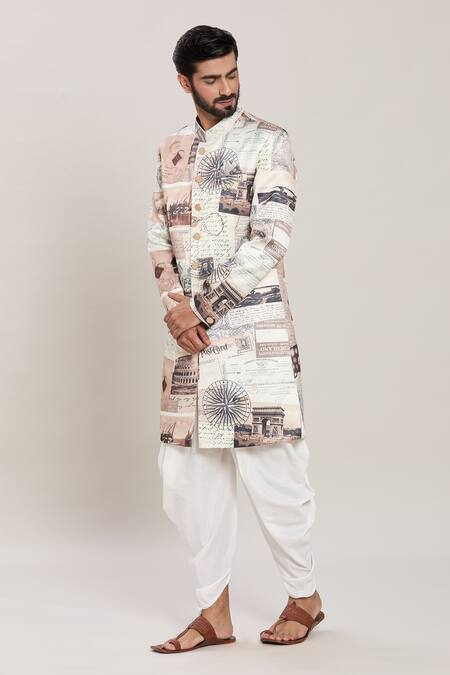 Buy Arihant Rai Sinha Beige Velvet, Silk, Cotton Postcard Print Kurta With Peshawari Pant Online at Aza Fashions Buy_Arihant Rai Sinha_Beige Velvet, Silk, Cotton Postcard Print Kurta With Peshawari Pant _Online_at_Aza_Fashions