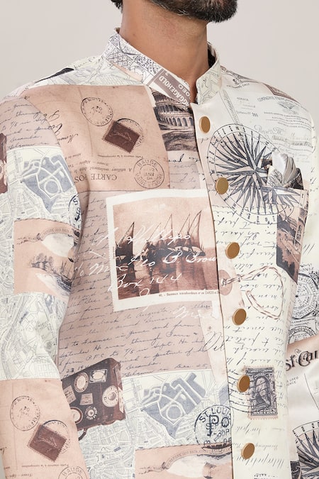 Shop Arihant Rai Sinha Beige Velvet, Silk, Cotton Postcard Print Kurta With Peshawari Pant Online at Aza Fashions Shop_Arihant Rai Sinha_Beige Velvet, Silk, Cotton Postcard Print Kurta With Peshawari Pant _Online_at_Aza_Fashions