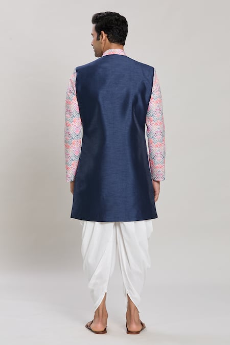 Shop Arihant Rai Sinha Blue Silk, Cotton Embroidery Ancient Bloom Print Attached Jacket Kurta Set at Aza Fashions Shop_Arihant Rai Sinha_Blue Silk, Cotton Embroidery Ancient Bloom Print Attached Jacket Kurta Set _at_Aza_Fashions