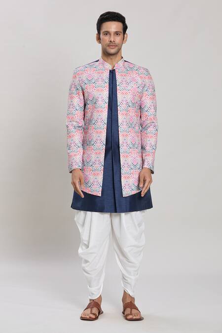 Buy Arihant Rai Sinha Blue Silk, Cotton Embroidery Ancient Bloom Print Attached Jacket Kurta Set Online at Aza Fashions Buy_Arihant Rai Sinha_Blue Silk, Cotton Embroidery Ancient Bloom Print Attached Jacket Kurta Set _Online_at_Aza_Fashions