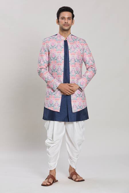 Shop Arihant Rai Sinha Blue Silk, Cotton Embroidery Ancient Bloom Print Attached Jacket Kurta Set Online at Aza Fashions Shop_Arihant Rai Sinha_Blue Silk, Cotton Embroidery Ancient Bloom Print Attached Jacket Kurta Set _Online_at_Aza_Fashions