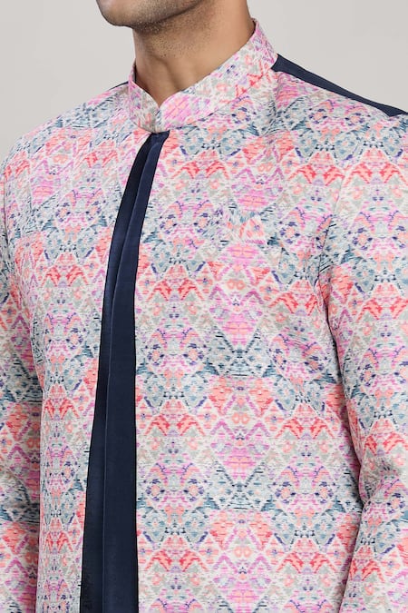 Arihant Rai Sinha Blue Silk, Cotton Embroidery Ancient Bloom Print Attached Jacket Kurta Set at Aza Fashions Arihant Rai Sinha_Blue Silk, Cotton Embroidery Ancient Bloom Print Attached Jacket Kurta Set _at_Aza_Fashions