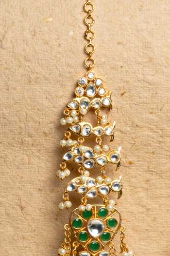 Nayaab By Sonia_Gold Plated Pearls, Stones, Beads Shikara Floral Studded Chain Tassel Jhumkas _at_Aza_Fashions