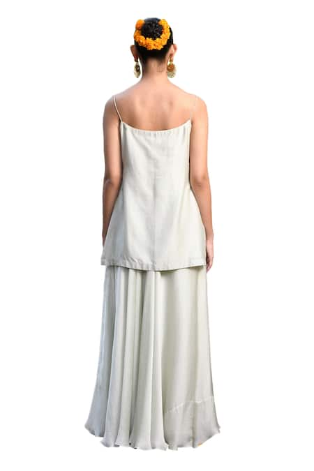 Mint Blush_White Organza, Chanderi Sequins, Beads Floral Embroidered Tunic Flared Pant Set _Online_at_Aza_Fashions