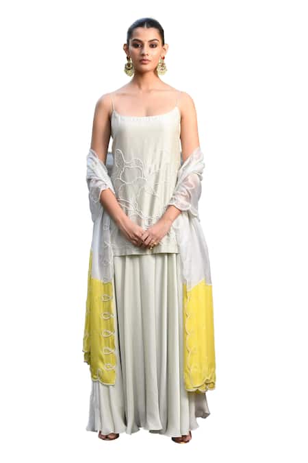 Mint Blush_White Organza, Chanderi Sequins, Beads Floral Embroidered Tunic Flared Pant Set _at_Aza_Fashions