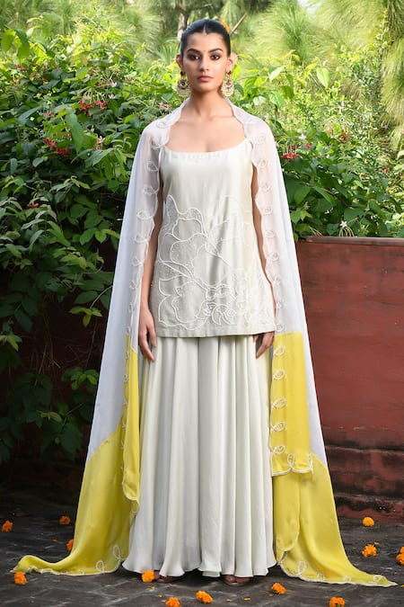 Buy_Mint Blush_White Organza, Chanderi Sequins, Beads Floral Embroidered Tunic Flared Pant Set 