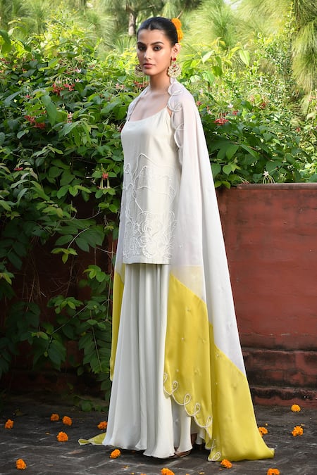 Shop_Mint Blush_White Organza, Chanderi Sequins, Beads Floral Embroidered Tunic Flared Pant Set 