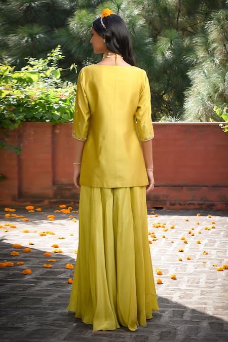 Mint Blush Floral Sequin Embroidered Tunic Flared Pant Set 