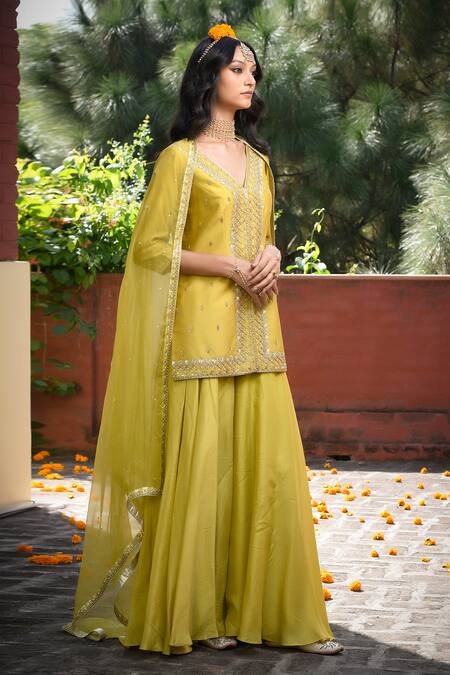 Buy_Mint Blush_Green Organza, Chanderi, Silk, Flannel Floral Embroidered Tunic Flared Pant Set _Online_at_Aza_Fashions