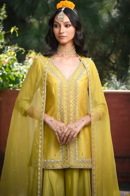 Shop_Mint Blush_Green Organza, Chanderi, Silk, Flannel Floral Embroidered Tunic Flared Pant Set _Online_at_Aza_Fashions