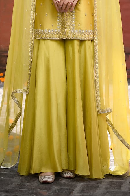 Mint Blush_Green Organza, Chanderi, Silk, Flannel Floral Embroidered Tunic Flared Pant Set _at_Aza_Fashions