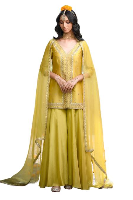 Buy_Mint Blush_Green Organza, Chanderi, Silk, Flannel Floral Embroidered Tunic Flared Pant Set 