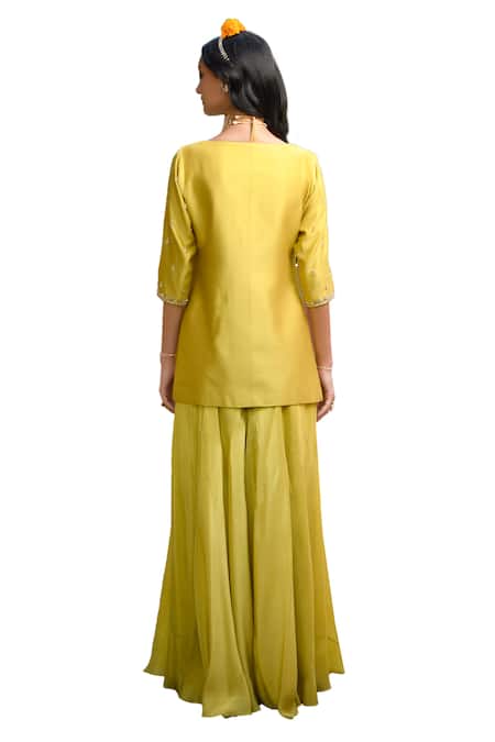 Shop_Mint Blush_Green Organza, Chanderi, Silk, Flannel Floral Embroidered Tunic Flared Pant Set 