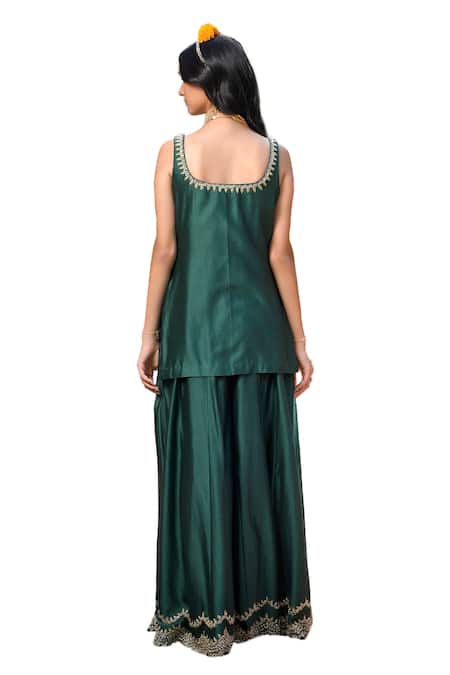 Mint Blush_Green Organza, Chanderi Silk Sequins, Beads, Leaf Tunic Kalidar Pant Set _Online_at_Aza_Fashions