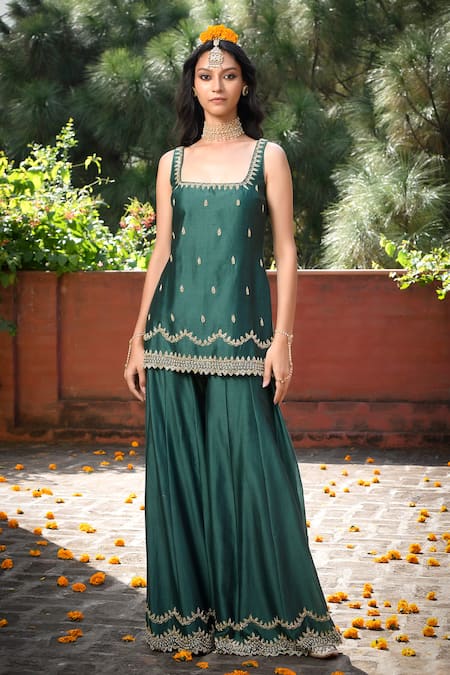 Buy_Mint Blush_Green Organza, Chanderi Silk Sequins, Beads, Leaf Tunic Kalidar Pant Set _Online_at_Aza_Fashions