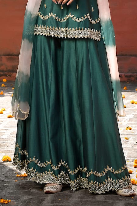 Mint Blush_Green Organza, Chanderi Silk Sequins, Beads, Leaf Tunic Kalidar Pant Set _at_Aza_Fashions