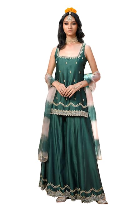 Buy_Mint Blush_Green Organza, Chanderi Silk Sequins, Beads, Leaf Tunic Kalidar Pant Set 