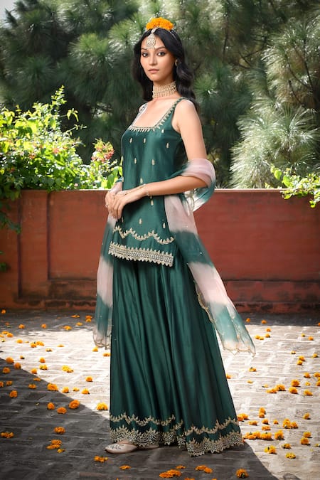 Shop_Mint Blush_Green Organza, Chanderi Silk Sequins, Beads, Leaf Tunic Kalidar Pant Set 