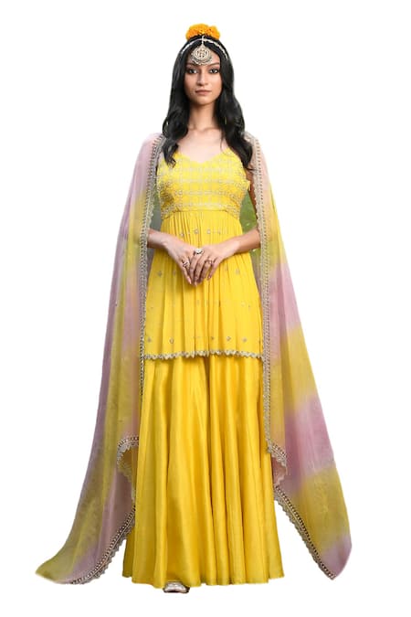 Mint Blush_Yellow Organza, Chanderi, Geometric Embroidered Peplum Tunic Kalidar Pant Set _Online_at_Aza_Fashions