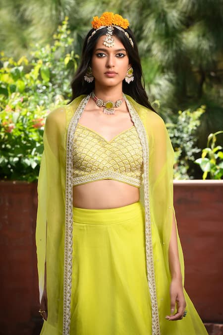Mint Blush_Green Silk, Organza Sequins, Beads V-neck Shaded Cape Lehenga Set _Online_at_Aza_Fashions