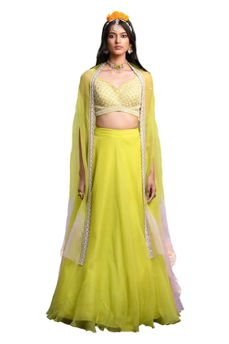 Shop_Mint Blush_Green Silk, Organza Sequins, Beads V-neck Shaded Cape Lehenga Set _Online_at_Aza_Fashions