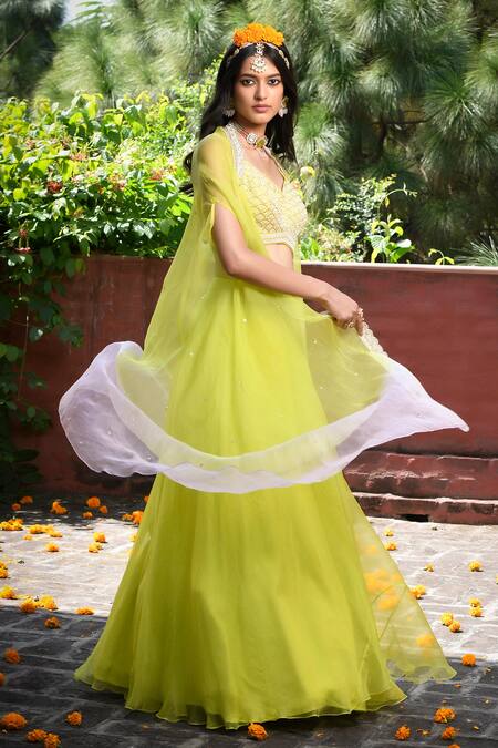 Buy_Mint Blush_Green Silk, Organza Sequins, Beads V-neck Shaded Cape Lehenga Set 