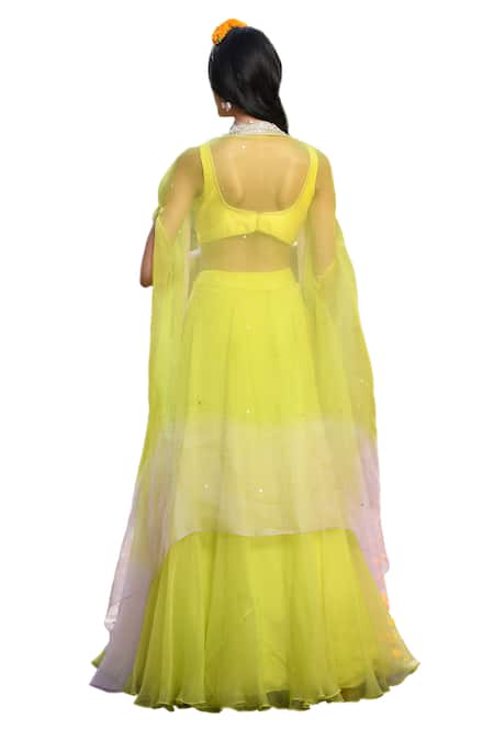 Shop_Mint Blush_Green Silk, Organza Sequins, Beads V-neck Shaded Cape Lehenga Set 