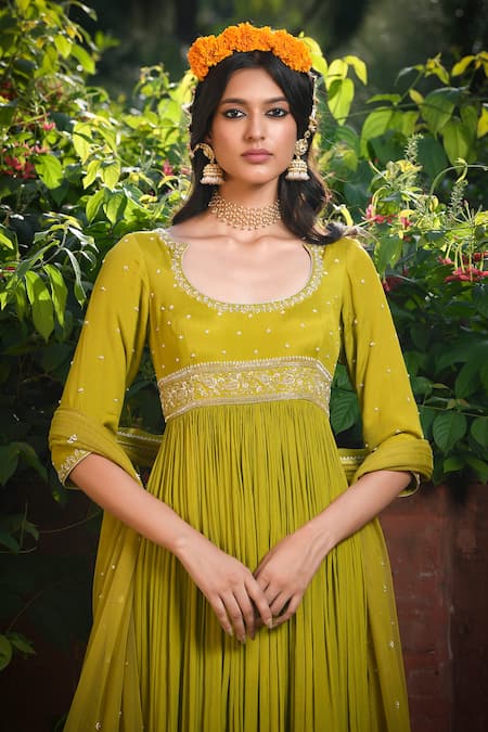 Buy_Mint Blush_Green Chanderi, Chiffon, Net Beads, Floral Vine Embroidered Tunic Pant Set _Online_at_Aza_Fashions