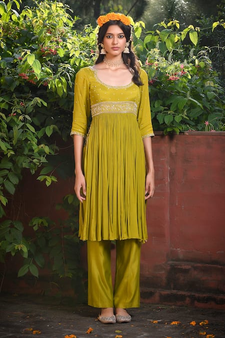 Shop_Mint Blush_Green Chanderi, Chiffon, Net Beads, Floral Vine Embroidered Tunic Pant Set _Online_at_Aza_Fashions