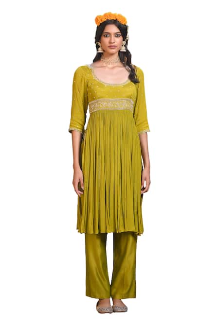 Mint Blush_Green Chanderi, Chiffon, Net Beads, Floral Vine Embroidered Tunic Pant Set _at_Aza_Fashions
