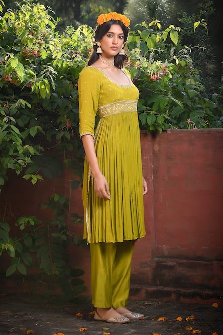 Buy_Mint Blush_Green Chanderi, Chiffon, Net Beads, Floral Vine Embroidered Tunic Pant Set 