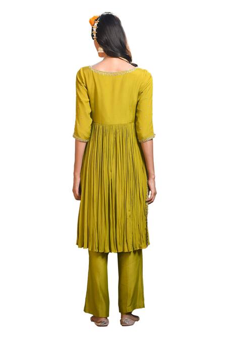 Shop_Mint Blush_Green Chanderi, Chiffon, Net Beads, Floral Vine Embroidered Tunic Pant Set 