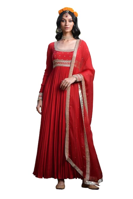 Shop_Mint Blush_Red Organza, Chiffon Sequins, Beads Floral Embroidered Anarkali With Dupatta _Online_at_Aza_Fashions